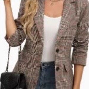 Plaid Single-Breasted lined Blazer Jacket - Brown Plaid Tweed